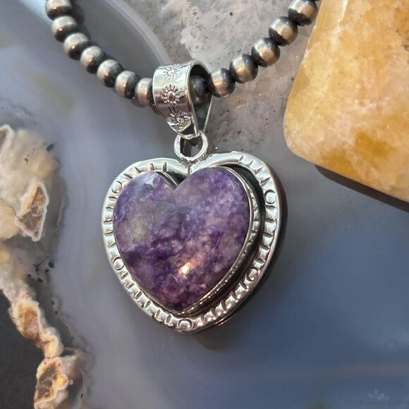 Sterling Silver Southwestern Style Charoite Decorated Heart Pendant For Women #1 - Picture 5 of 10